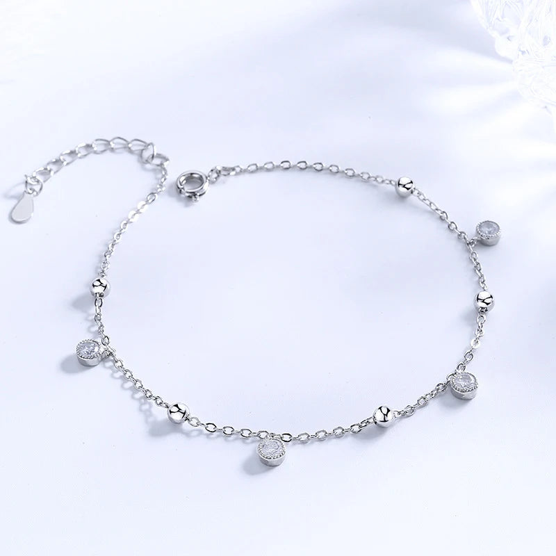 New Fashion Bohemia Shiny round Zircon Pendant Anklets Women Jewelry 925 Sterling Silver Sexy Beach Circle Rhinestone Foot Chain
